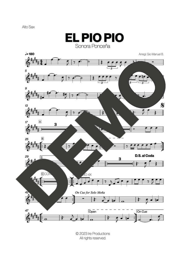 Sonora Ponceña – El Pio Pio – First Page of Sheet Music Preview (PDF) – Includes charts for Trumpets, Trombones, Saxophone, Piano and Bass