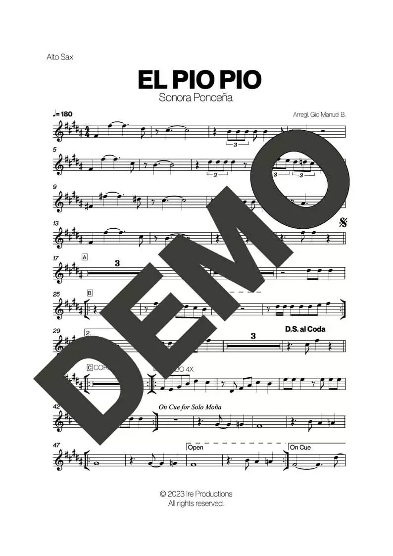 Sonora Ponceña – El Pio Pio – First Page of Sheet Music Preview (PDF) – Includes charts for Trumpets, Trombones, Saxophone, Piano and Bass