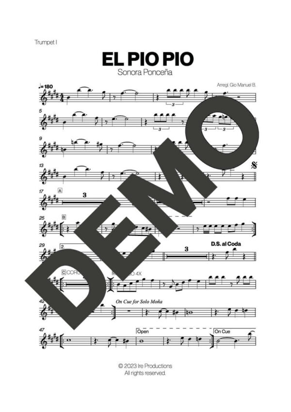 Sonora Ponceña – El Pio Pio – Sheet Music Demo Page 1 (PDF) – Includes charts for Trumpets, Trombones, Saxophone, Piano and Bass