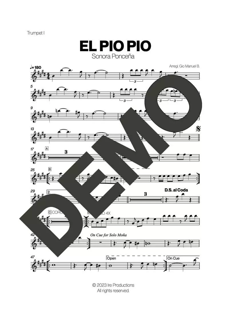 Sonora Ponceña – El Pio Pio – Sheet Music Demo Page 1 (PDF) – Includes charts for Trumpets, Trombones, Saxophone, Piano and Bass