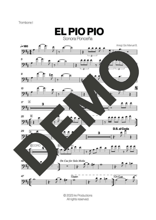 Sonora Ponceña – El Pio Pio – Sheet Music Demo Page 2 (PDF) – Includes charts for Trumpets, Trombones, Saxophone, Piano and Bass