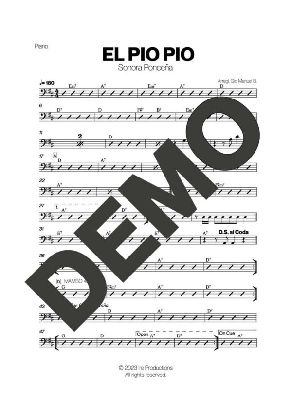 Sonora Ponceña – El Pio Pio – Sheet Music Demo Page 4 (PDF) – Includes charts for Trumpets, Trombones, Saxophone, Piano and Bass