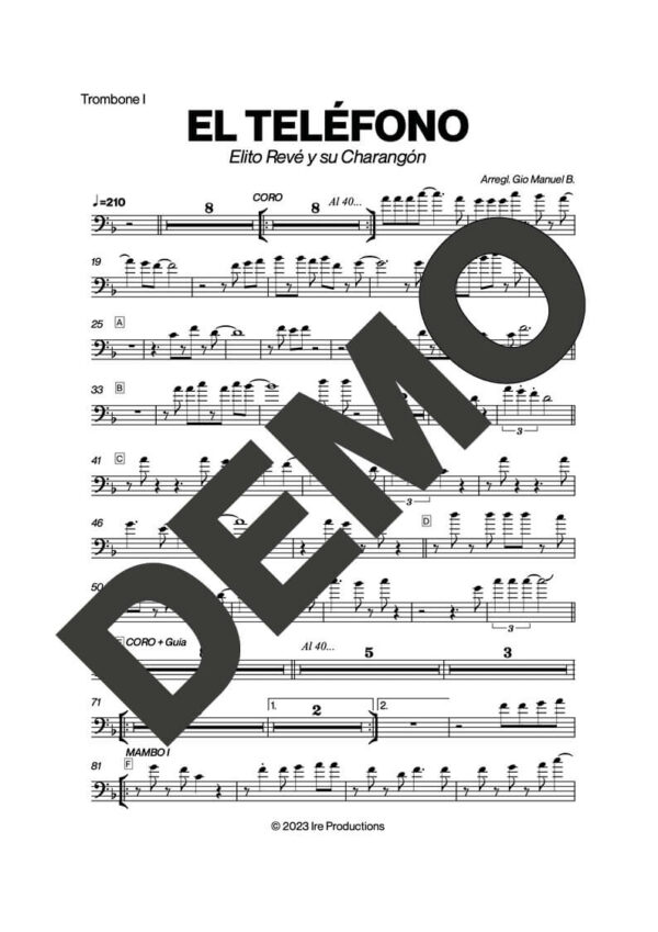 Elito Revé y Su Charangón – El Teléfono – First Page of Sheet Music Preview (PDF) – Includes charts for Trumpets, Trombones, Saxophone, Piano and Bass
