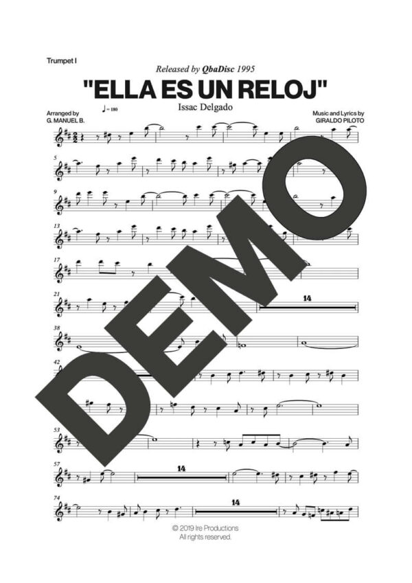 Issac Delgado – Ella es un Reloj – Sheet Music Demo Page 2 (PDF) – Includes charts for Trumpets, Trombones, Saxophone, Piano and Bass