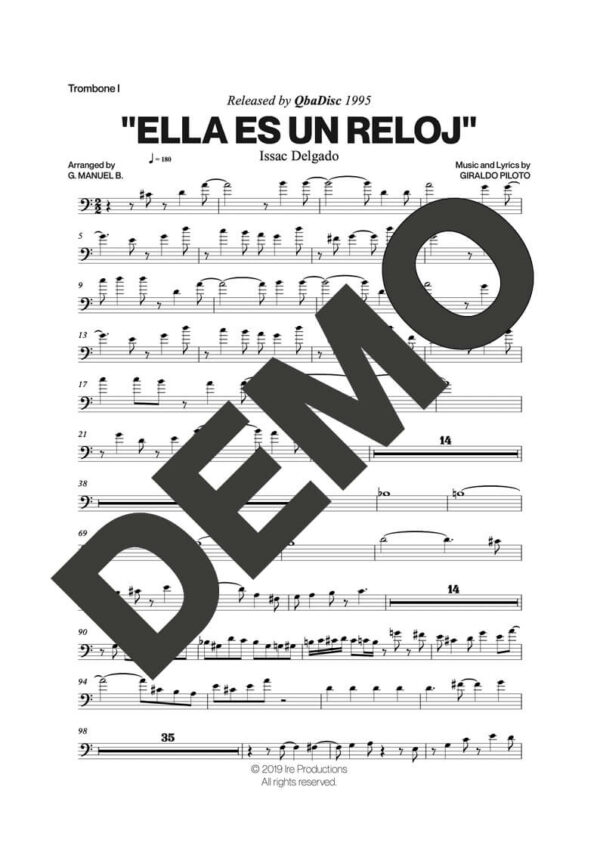 Issac Delgado – Ella es un Reloj – Sheet Music Demo Page 3 (PDF) – Includes charts for Trumpets, Trombones, Saxophone, Piano and Bass