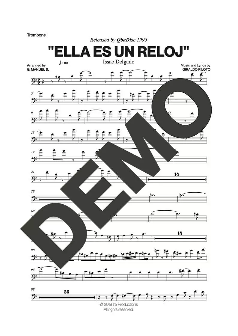 Issac Delgado – Ella es un Reloj – Sheet Music Demo Page 3 (PDF) – Includes charts for Trumpets, Trombones, Saxophone, Piano and Bass