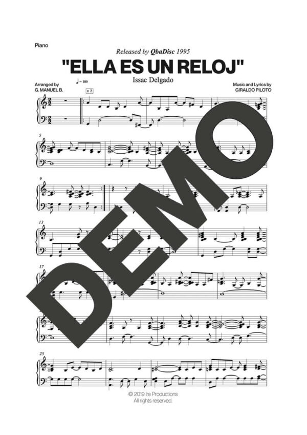 Issac Delgado – Ella es un Reloj – First Page of Sheet Music Preview (PDF) – Includes charts for Trumpets, Trombones, Saxophone, Piano and Bass