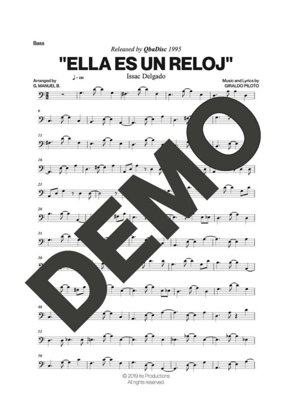 Issac Delgado – Ella es un Reloj – Sheet Music Demo Page 4 (PDF) – Includes charts for Trumpets, Trombones, Saxophone, Piano and Bass