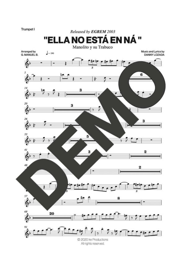 Manolito y su Trabuco – Ella No Está en Ná – Sheet Music Demo Page 2 (PDF) – Includes charts for Trumpets, Trombones, Saxophone, Piano and Bass