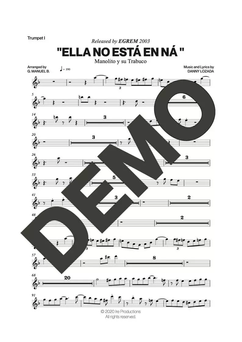 Manolito y su Trabuco – Ella No Está en Ná – Sheet Music Demo Page 2 (PDF) – Includes charts for Trumpets, Trombones, Saxophone, Piano and Bass