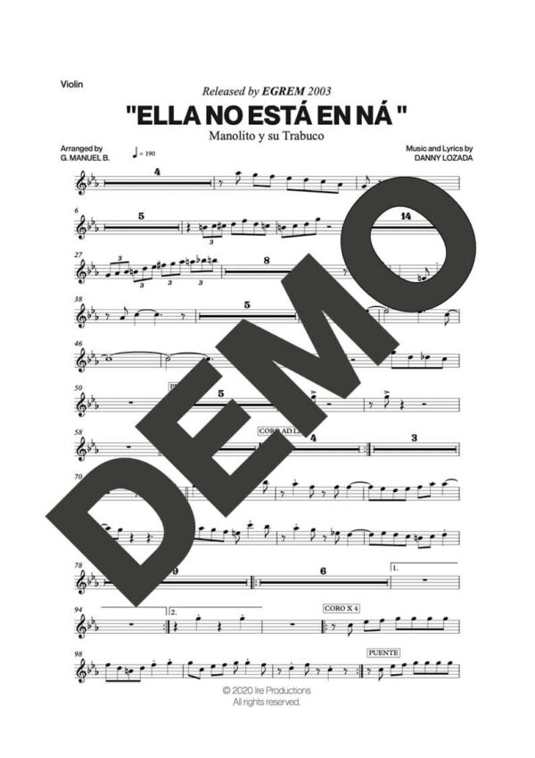 Manolito y su Trabuco – Ella No Está en Ná – Sheet Music Demo Page 4 (PDF) – Includes charts for Trumpets, Trombones, Saxophone, Piano and Bass