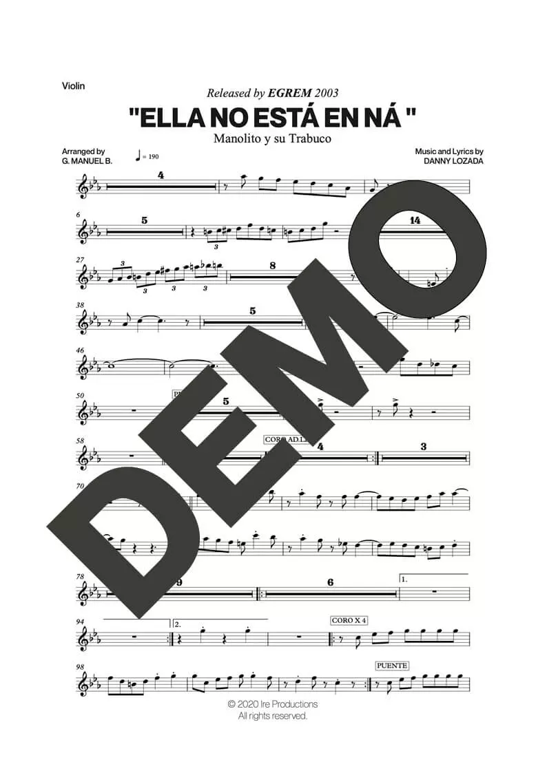 Manolito y su Trabuco – Ella No Está en Ná – Sheet Music Demo Page 4 (PDF) – Includes charts for Trumpets, Trombones, Saxophone, Piano and Bass
