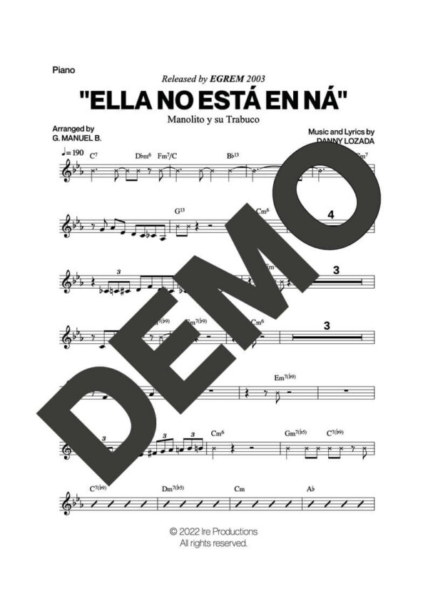 Manolito y su Trabuco – Ella No Está en Ná – Sheet Music Demo Page 5 (PDF) – Includes charts for Trumpets, Trombones, Saxophone, Piano and Bass