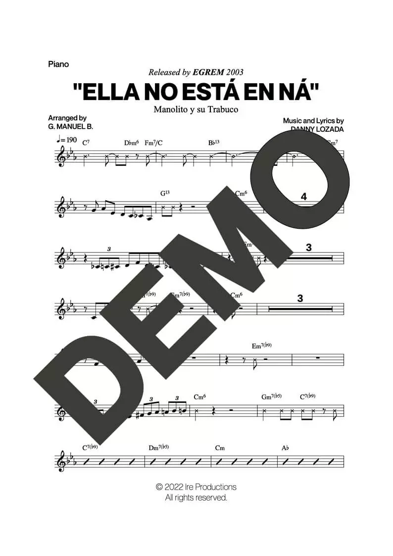 Manolito y su Trabuco – Ella No Está en Ná – Sheet Music Demo Page 5 (PDF) – Includes charts for Trumpets, Trombones, Saxophone, Piano and Bass