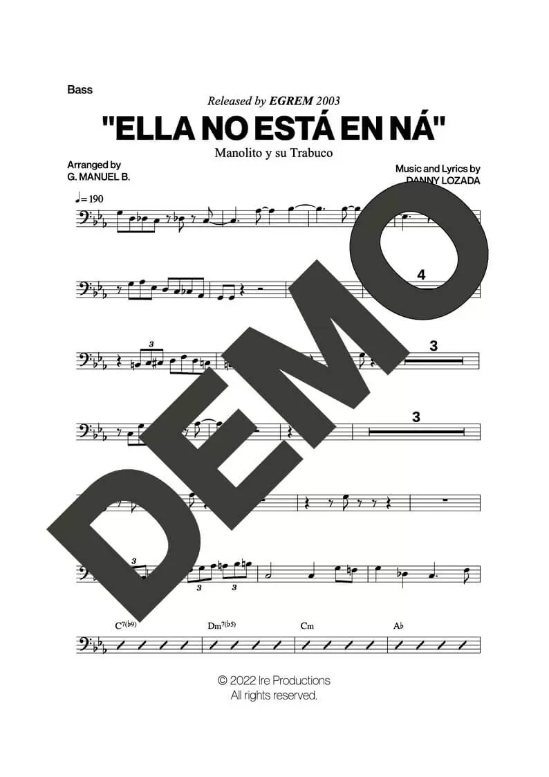 Manolito y su Trabuco – Ella No Está en Ná – Sheet Music Demo Page 6 (PDF) – Includes charts for Trumpets, Trombones, Saxophone, Piano and Bass