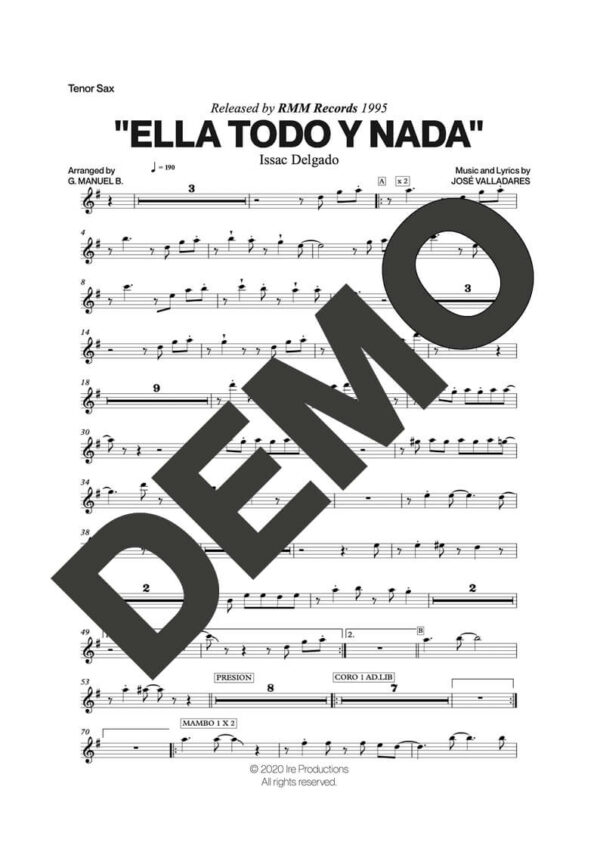 Issac Delgado – Ella Todo y Nada – Sheet Music Demo Page 1 (PDF) – Includes charts for Trumpets, Trombones, Saxophone, Piano and Bass