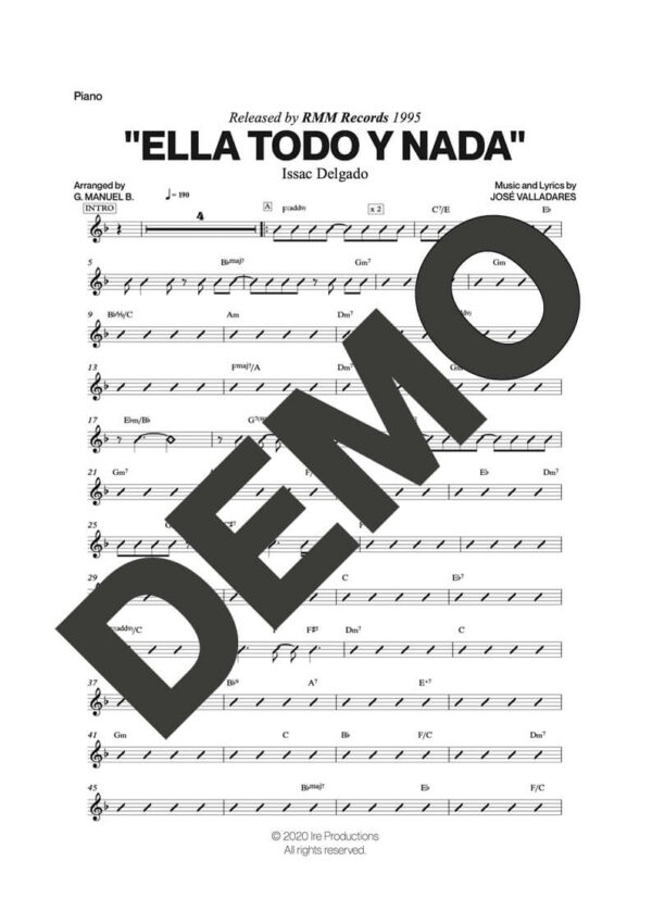 Issac Delgado – Ella Todo y Nada – Sheet Music Demo Page 4 (PDF) – Includes charts for Trumpets, Trombones, Saxophone, Piano and Bass