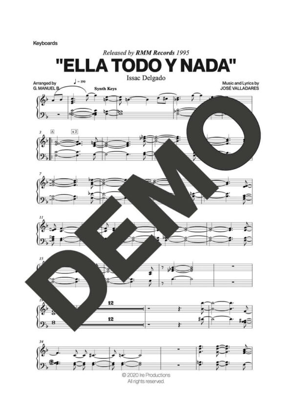Issac Delgado – Ella Todo y Nada – Sheet Music Demo Page 5 (PDF) – Includes charts for Trumpets, Trombones, Saxophone, Piano and Bass