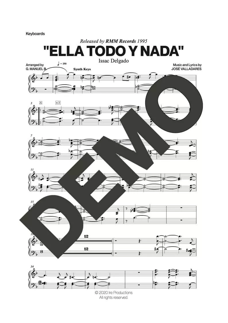 Issac Delgado – Ella Todo y Nada – Sheet Music Demo Page 5 (PDF) – Includes charts for Trumpets, Trombones, Saxophone, Piano and Bass