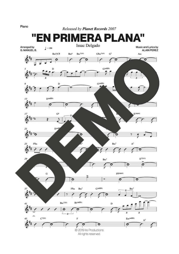 Issac Delgado – En Primera Plana – Sheet Music Demo Page 3 (PDF) – Includes charts for Trumpets, Trombones, Saxophone, Piano and Bass