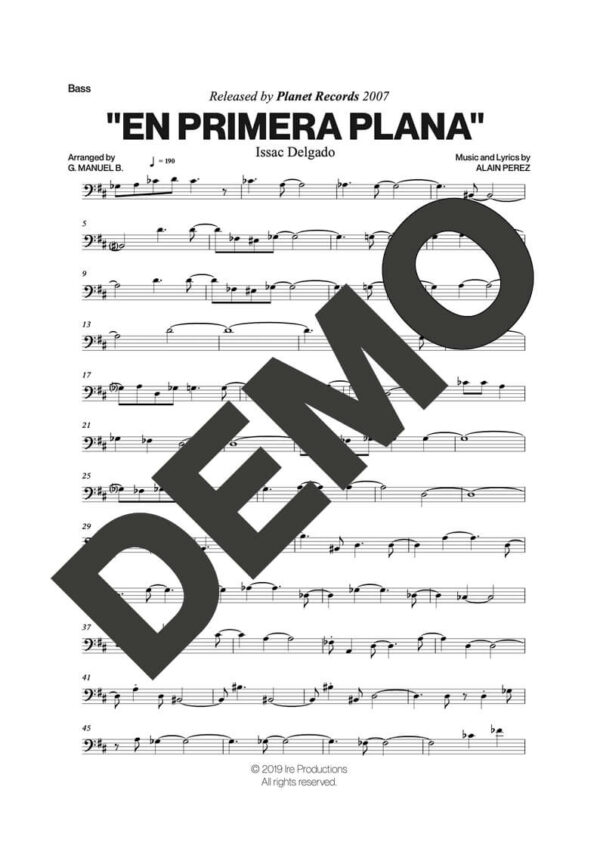Issac Delgado – En Primera Plana – Sheet Music Demo Page 4 (PDF) – Includes charts for Trumpets, Trombones, Saxophone, Piano and Bass