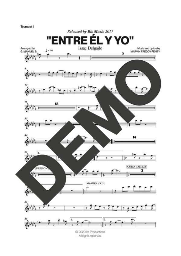 Issac Delgado – Entre Él y Yo – Sheet Music Demo Page 1 (PDF) – Includes charts for Trumpets, Trombones, Saxophone, Piano and Bass