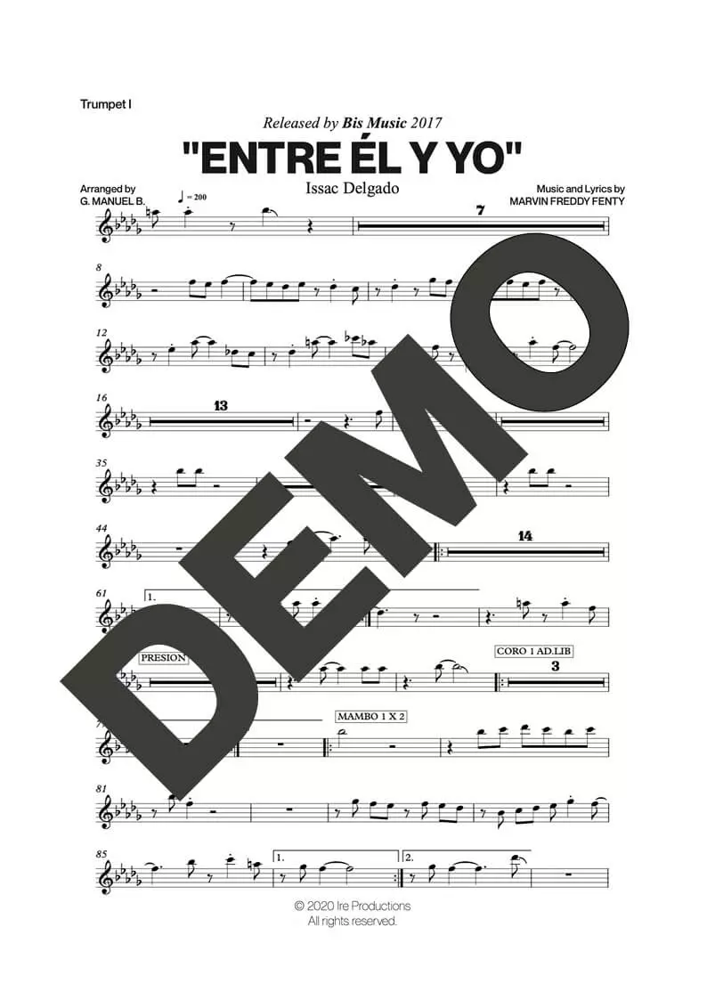 Issac Delgado – Entre Él y Yo – Sheet Music Demo Page 1 (PDF) – Includes charts for Trumpets, Trombones, Saxophone, Piano and Bass