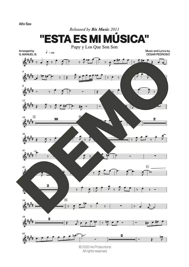Pupy y Los Que Son Son – Esta Es Mi Música – First Page of Sheet Music Preview (PDF) – Includes charts for Trumpets, Trombones, Saxophone, Piano and Bass