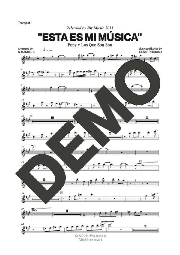 Pupy y Los Que Son Son – Esta Es Mi Música – Sheet Music Demo Page 1 (PDF) – Includes charts for Trumpets, Trombones, Saxophone, Piano and Bass