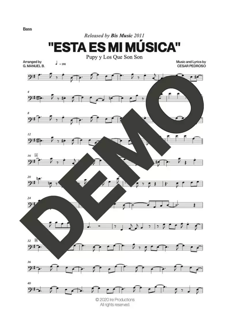 Pupy y Los Que Son Son – Esta Es Mi Música – Sheet Music Demo Page 4 (PDF) – Includes charts for Trumpets, Trombones, Saxophone, Piano and Bass