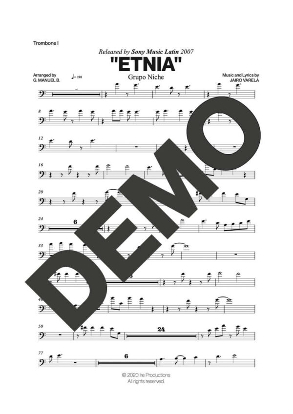 Grupo Niche – Etnia – Sheet Music Demo Page 1 (PDF) – Includes charts for Trumpets, Trombones, Saxophone, Piano and Bass