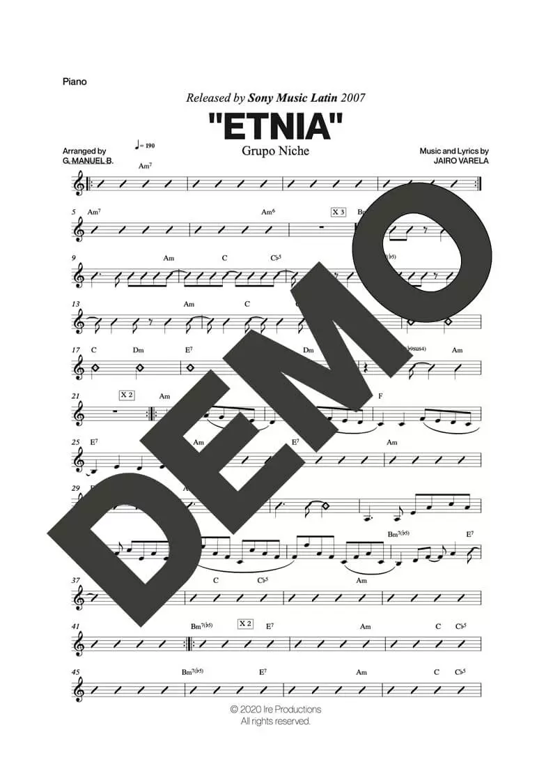 Grupo Niche – Etnia – Sheet Music Demo Page 2 (PDF) – Includes charts for Trumpets, Trombones, Saxophone, Piano and Bass