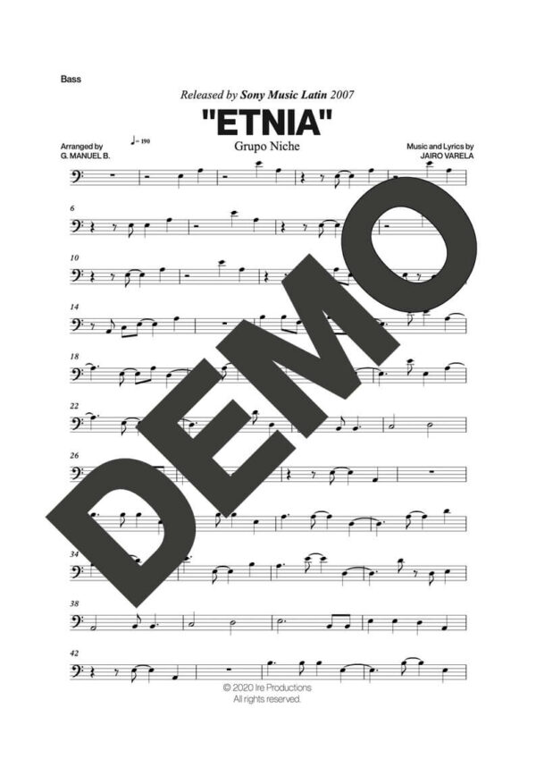 Grupo Niche – Etnia – Sheet Music Demo Page 3 (PDF) – Includes charts for Trumpets, Trombones, Saxophone, Piano and Bass