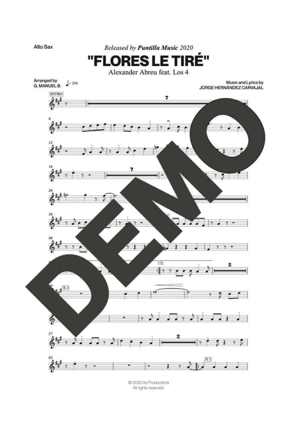 Alexander Abreu|Los 4 – Flores Le Tiré – Sheet Music Demo Page 1 (PDF) – Includes charts for Trumpets, Trombones, Saxophone, Piano and Bass