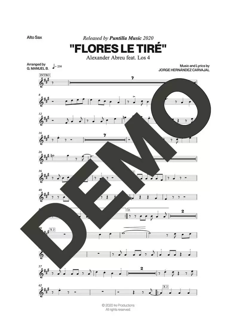 Alexander Abreu|Los 4 – Flores Le Tiré – Sheet Music Demo Page 1 (PDF) – Includes charts for Trumpets, Trombones, Saxophone, Piano and Bass