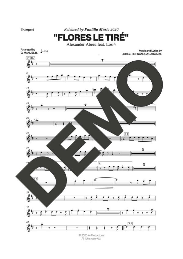Alexander Abreu|Los 4 – Flores Le Tiré – Sheet Music Demo Page 6 (PDF) – Includes charts for Trumpets, Trombones, Saxophone, Piano and Bass