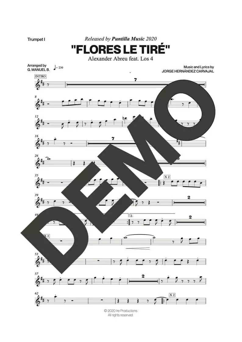 Alexander Abreu|Los 4 – Flores Le Tiré – Sheet Music Demo Page 6 (PDF) – Includes charts for Trumpets, Trombones, Saxophone, Piano and Bass