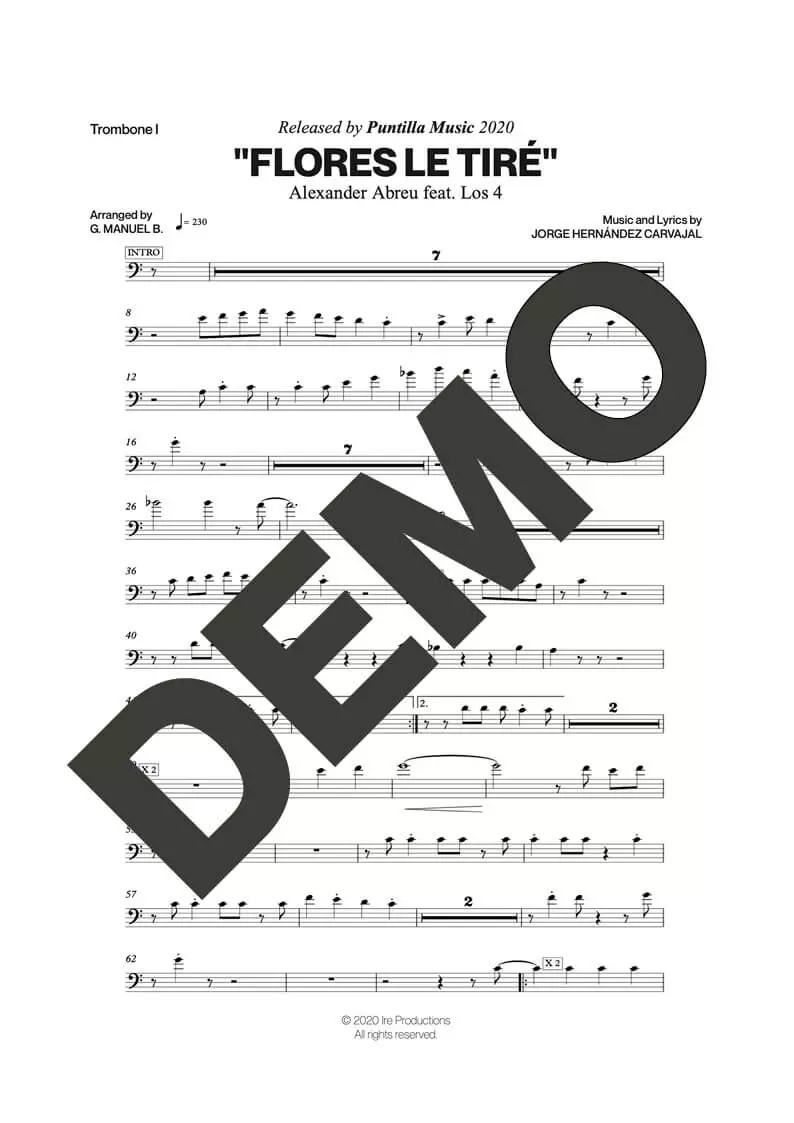 Alexander Abreu|Los 4 – Flores Le Tiré – Sheet Music Demo Page 5 (PDF) – Includes charts for Trumpets, Trombones, Saxophone, Piano and Bass