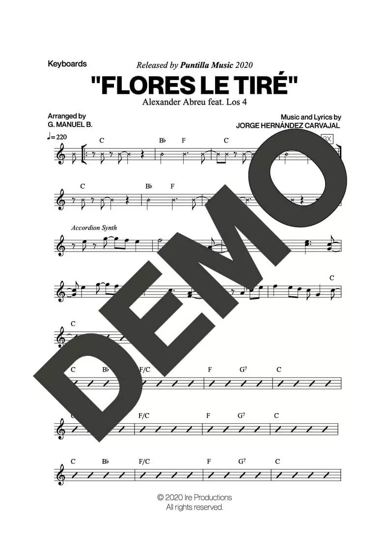 Alexander Abreu|Los 4 – Flores Le Tiré – Sheet Music Demo Page 2 (PDF) – Includes charts for Trumpets, Trombones, Saxophone, Piano and Bass