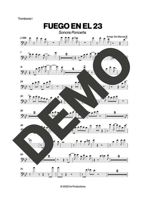 Sonora Ponceña – Fuego en el 23 – Sheet Music Demo Page 1 (PDF) – Includes charts for Trumpets, Trombones, Saxophone, Piano and Bass