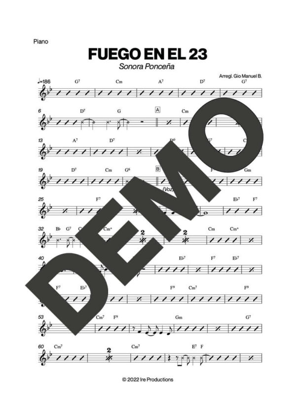 Sonora Ponceña – Fuego en el 23 – Sheet Music Demo Page 2 (PDF) – Includes charts for Trumpets, Trombones, Saxophone, Piano and Bass