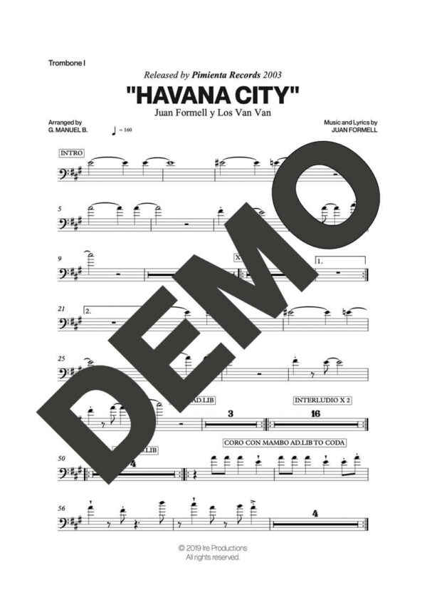 Los Van Van|Mayito Rivera – Havana City – Sheet Music Demo Page 1 (PDF) – Includes charts for Trumpets, Trombones, Saxophone, Piano and Bass