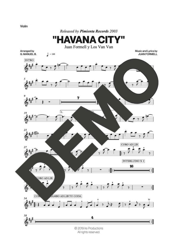 Los Van Van|Mayito Rivera – Havana City – Sheet Music Demo Page 2 (PDF) – Includes charts for Trumpets, Trombones, Saxophone, Piano and Bass