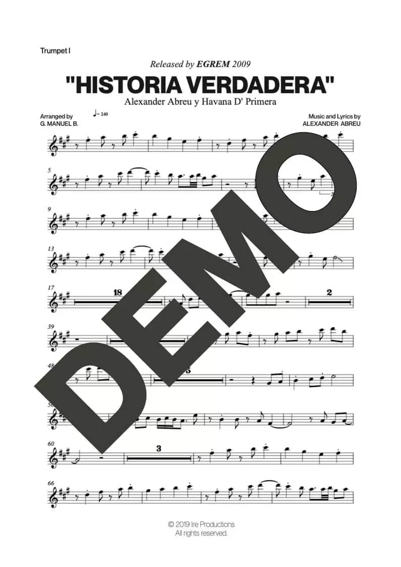Havana D' Primera – Historia Verdadera – Sheet Music Demo Page 1 (PDF) – Includes charts for Trumpets, Trombones, Saxophone, Piano and Bass