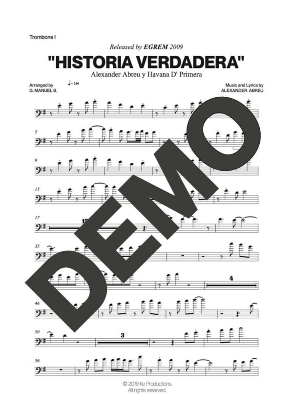 Havana D' Primera – Historia Verdadera – Sheet Music Demo Page 2 (PDF) – Includes charts for Trumpets, Trombones, Saxophone, Piano and Bass