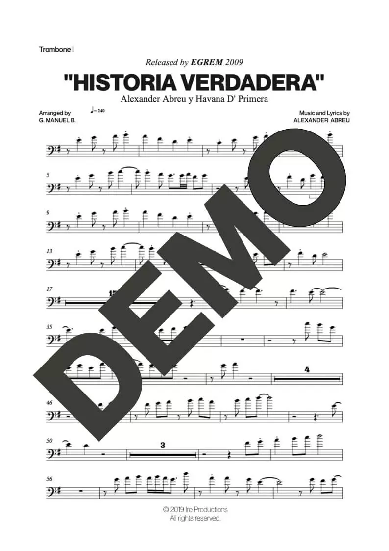 Havana D' Primera – Historia Verdadera – Sheet Music Demo Page 2 (PDF) – Includes charts for Trumpets, Trombones, Saxophone, Piano and Bass