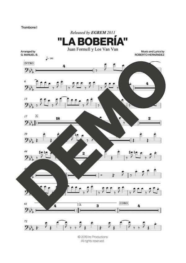 Los Van Van – La Bobería – Sheet Music Demo Page 2 (PDF) – Includes charts for Trumpets, Trombones, Saxophone, Piano and Bass