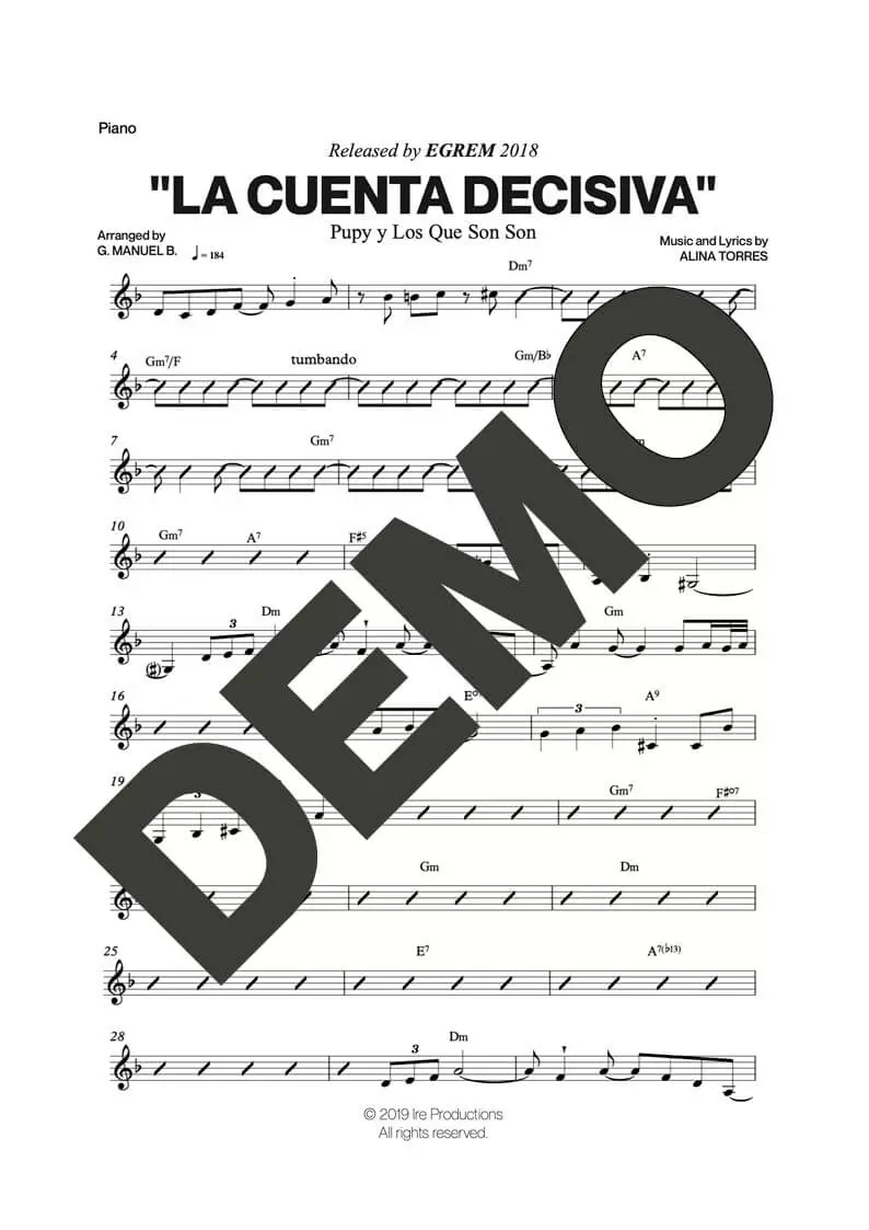 Pupy y Los Que Son Son – La Cuenta Decisiva – Sheet Music Demo Page 3 (PDF) – Includes charts for Trumpets, Trombones, Saxophone, Piano and Bass