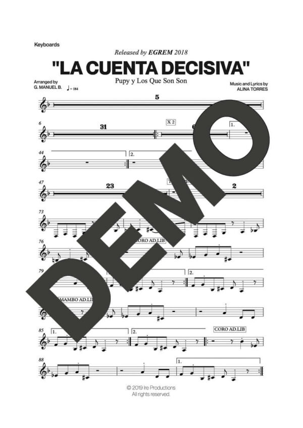 Pupy y Los Que Son Son – La Cuenta Decisiva – Sheet Music Demo Page 4 (PDF) – Includes charts for Trumpets, Trombones, Saxophone, Piano and Bass