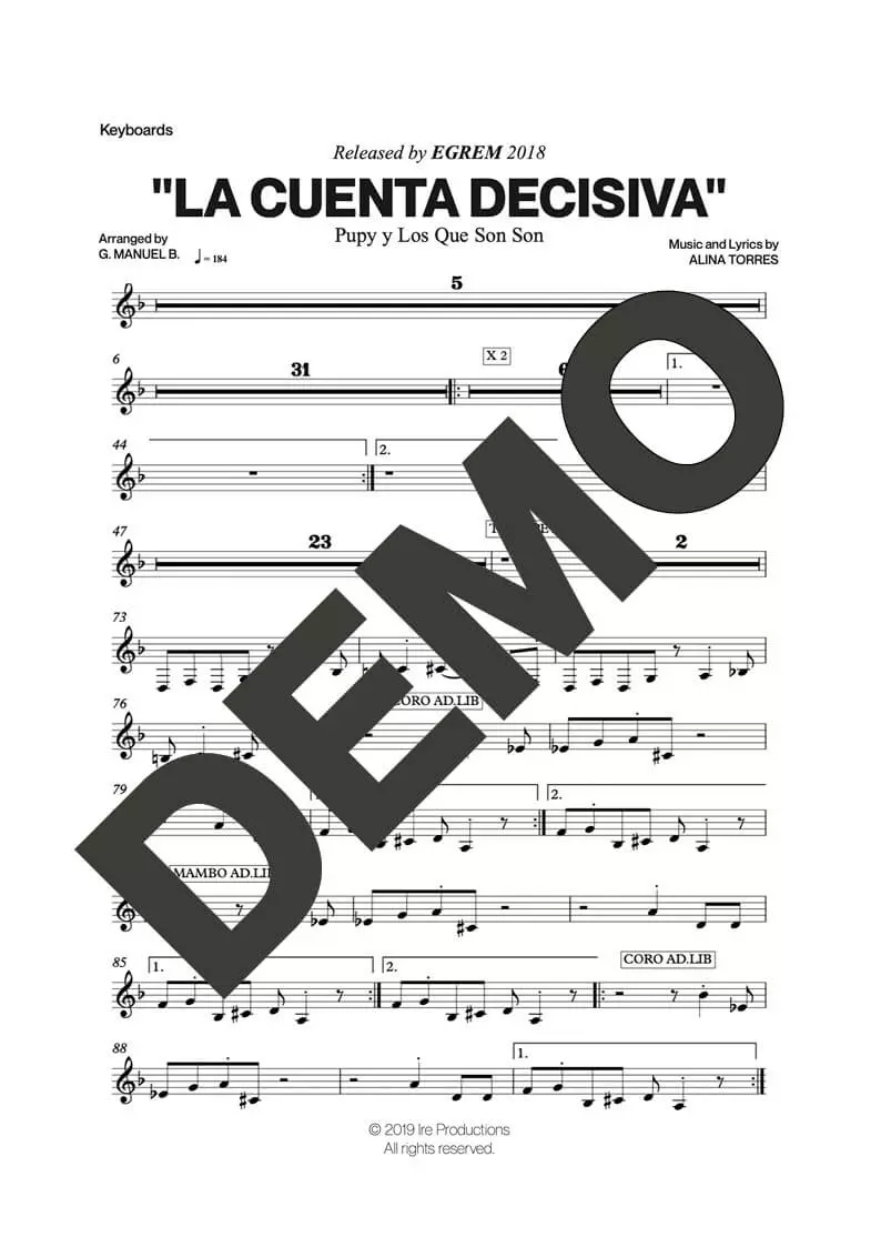 Pupy y Los Que Son Son – La Cuenta Decisiva – Sheet Music Demo Page 4 (PDF) – Includes charts for Trumpets, Trombones, Saxophone, Piano and Bass